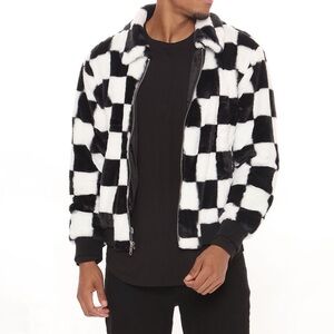 Fashion Nova Mens Checkered Faux Fur Jacket